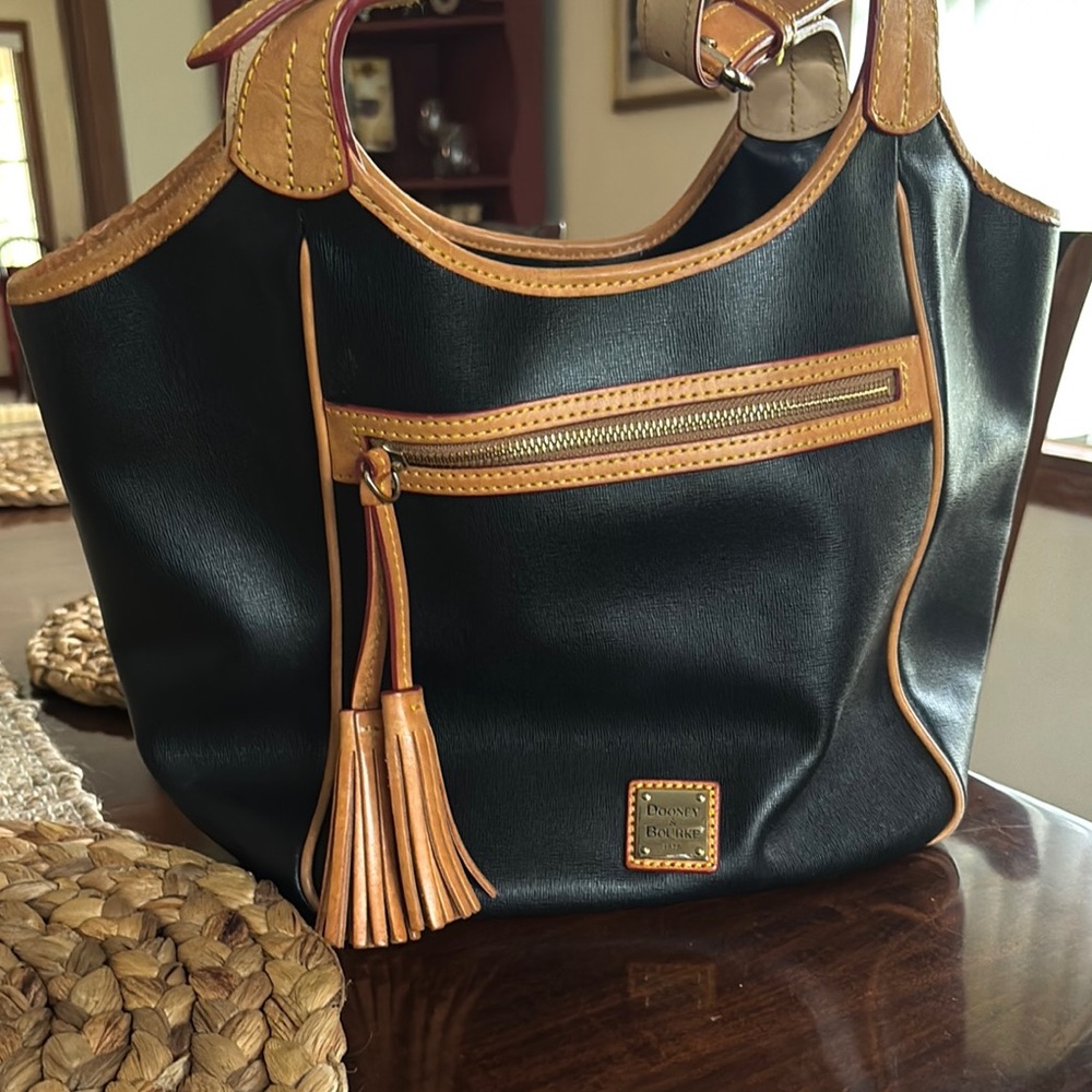 Dooney & Bourke Black and Tan Shoulder Bag with Tassel Detail